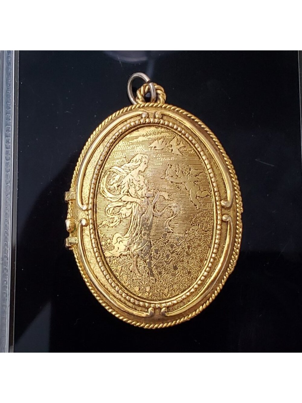 Vintage Locket Pendant Gold Tone Woman Cupid 2"